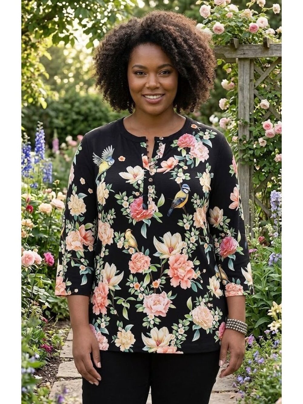 NWT Johnny Was Janie Favorite Button Front Tunic in Birdie Jersey T-Shirt 1X